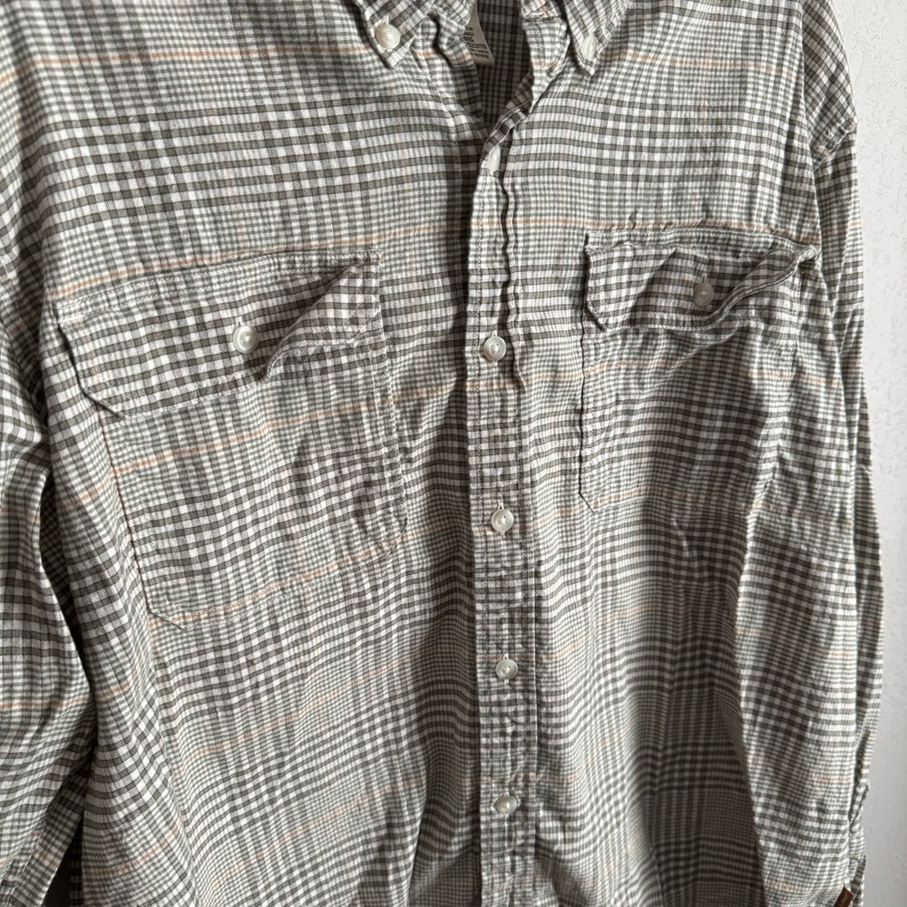Mens XL L.L. Bean Tan and Green Microplaid Basic Casual Outdoor Button Up Shirt - Picture 2 of 5